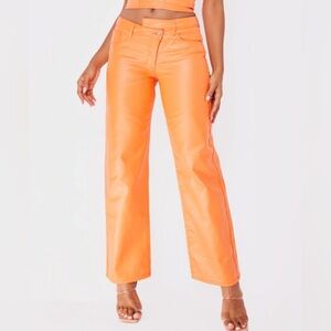 PRETTYLITTLETHING Orange Asymmetric Waistband Coated Denim Wide Leg Jeans, US 12